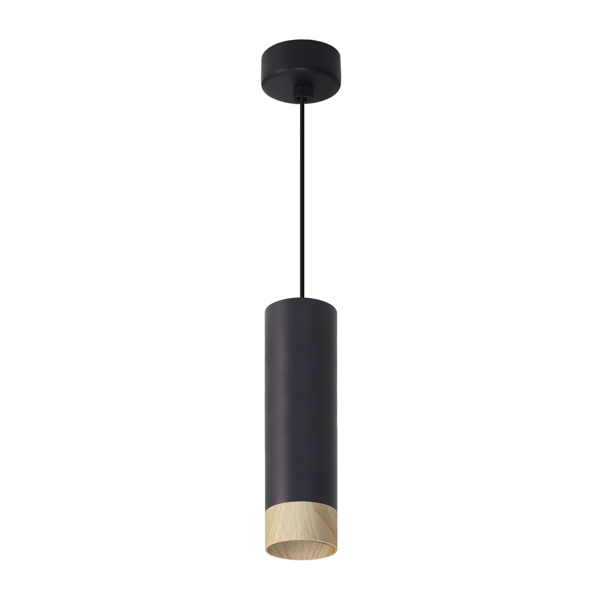 Suspension noire cylindrique avec bas en bois clair sur fond blanc