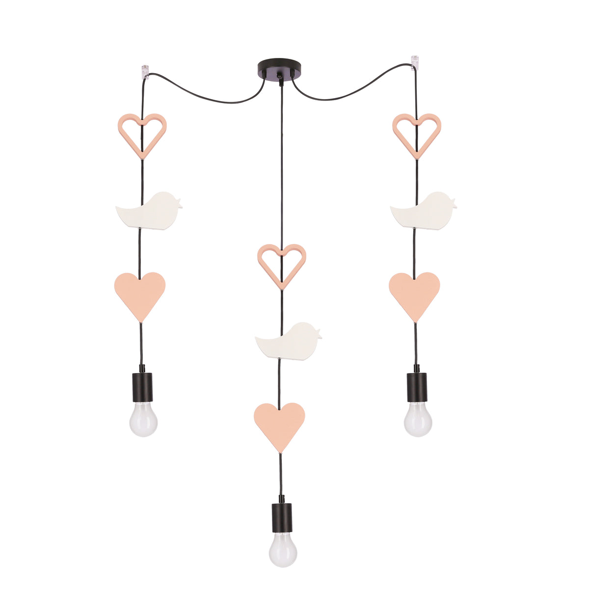 Suspension noire à trois ampoules avec cœurs et oiseaux décoratifs