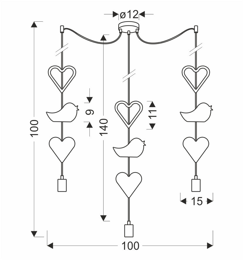 Schéma coté du luminaire avec dimensions 100 cm, 140 cm et 15 cm