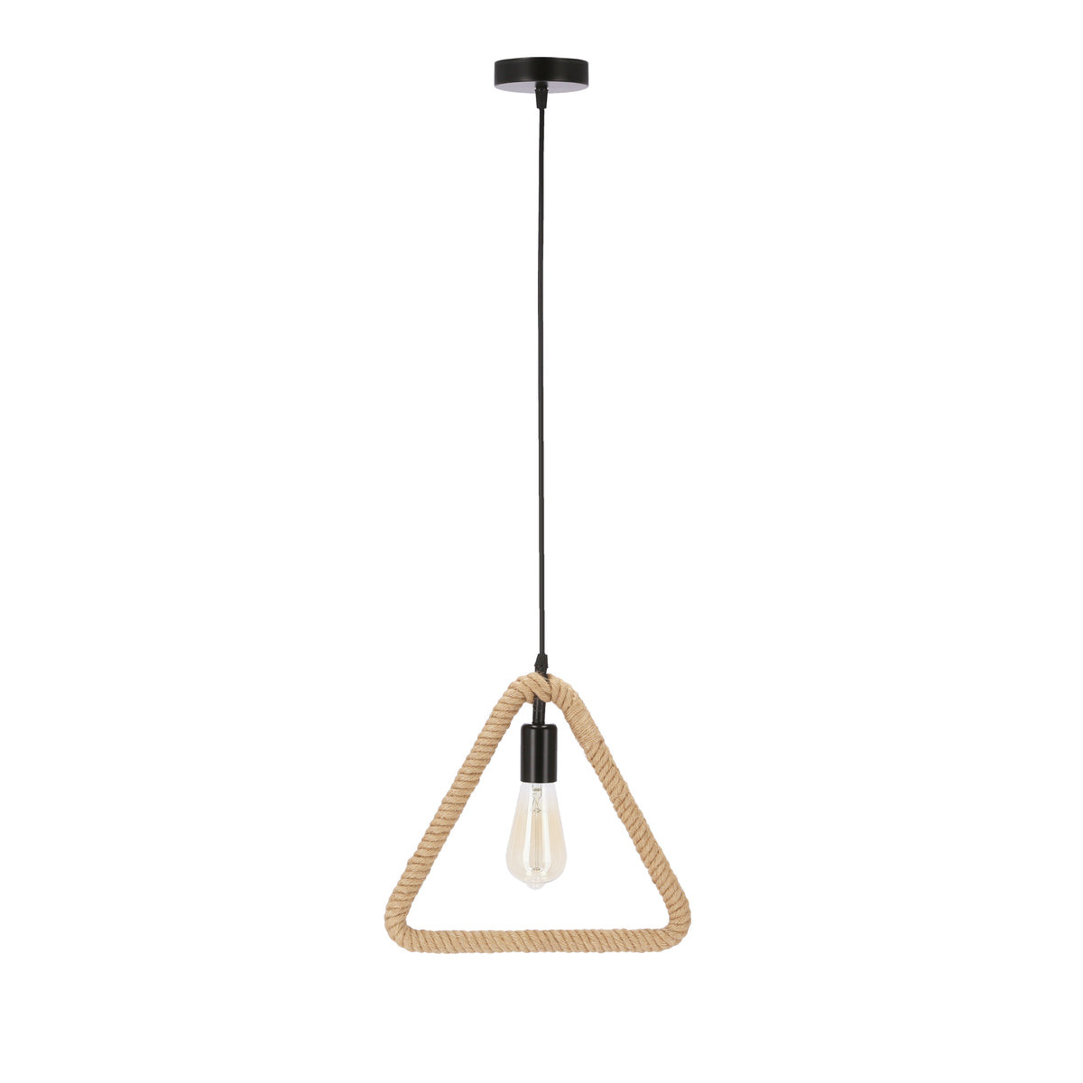Photo produit de face d'une suspension triangulaire en corde beige et métal noir.