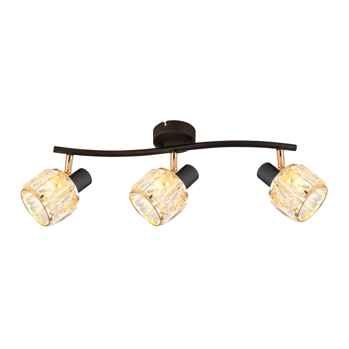 Plafonnier trois spots orientables, barre noire et diffuseurs cylindriques en cristal doré