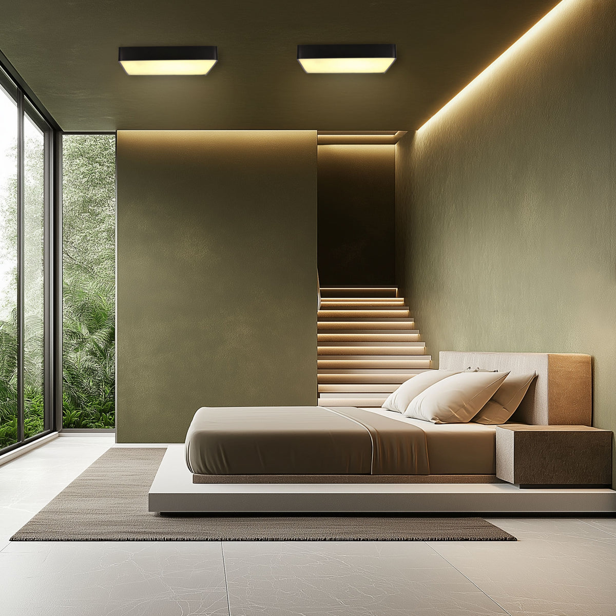 Chambre moderne avec deux plafonniers allumés au plafond au-dessus du lit