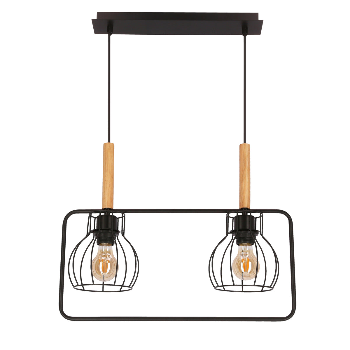 Suspension noire deux lumières, cages métalliques et douilles en bois, vue de face