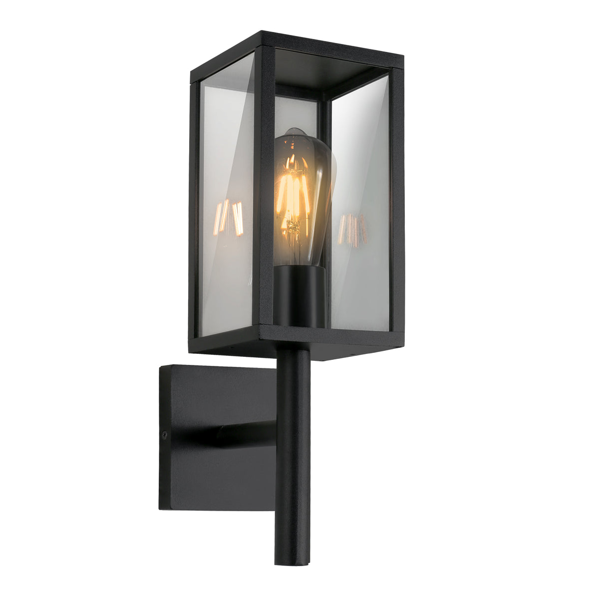 Applique murale noire rectangulaire en verre transparent avec ampoule Edison allumée