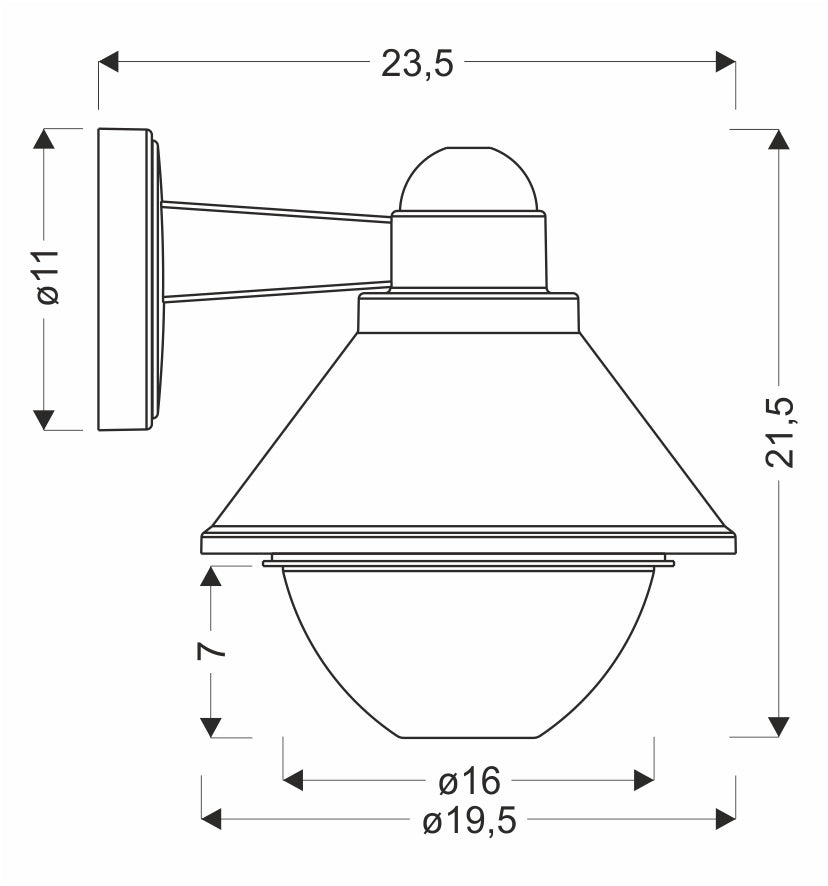 Schéma coté du luminaire : profondeur 23,5 cm, hauteur 21,5 cm, diamètre 19,5 cm
