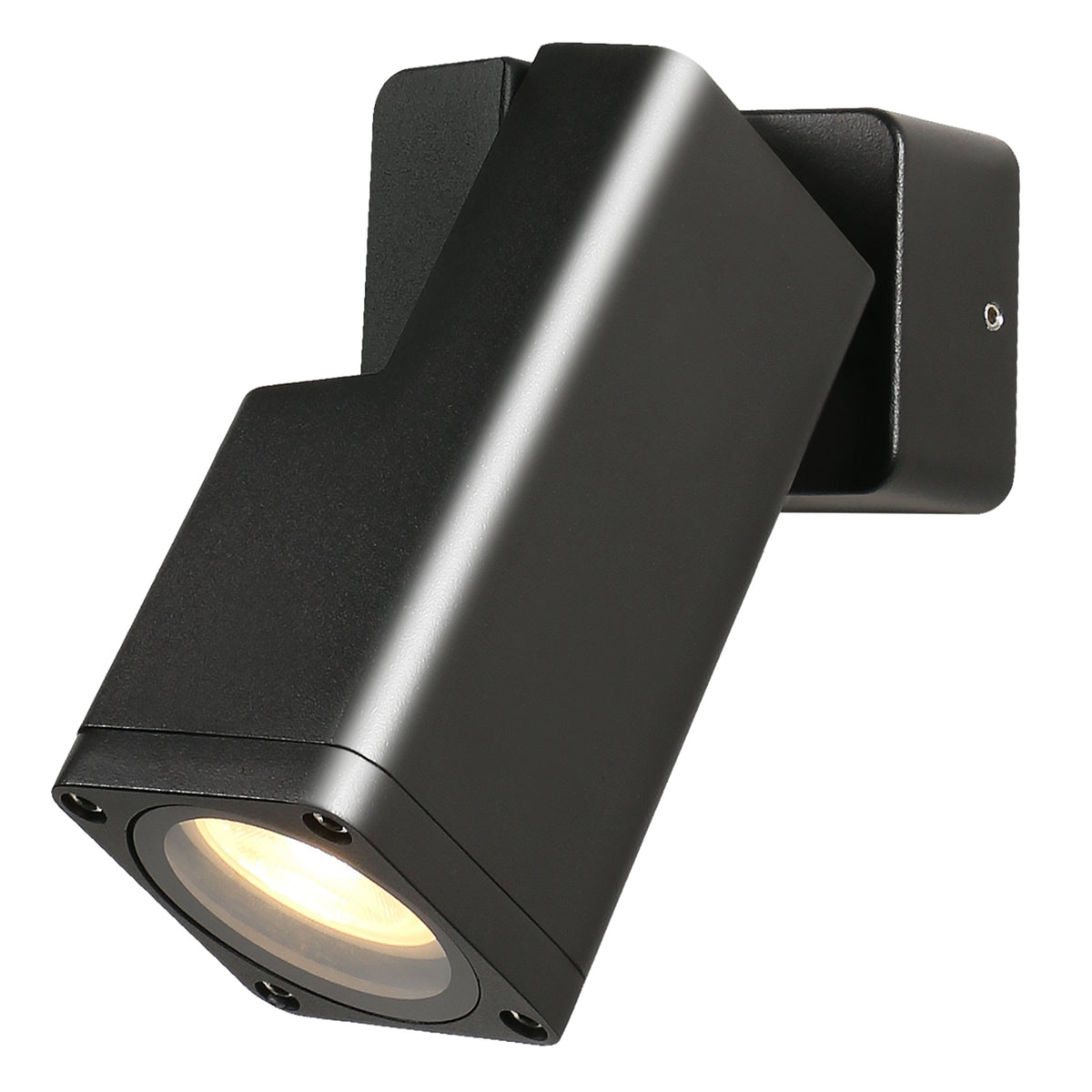 Applique murale noire orientable, projecteur cylindrique allumé, vue de trois quarts sur fond blanc