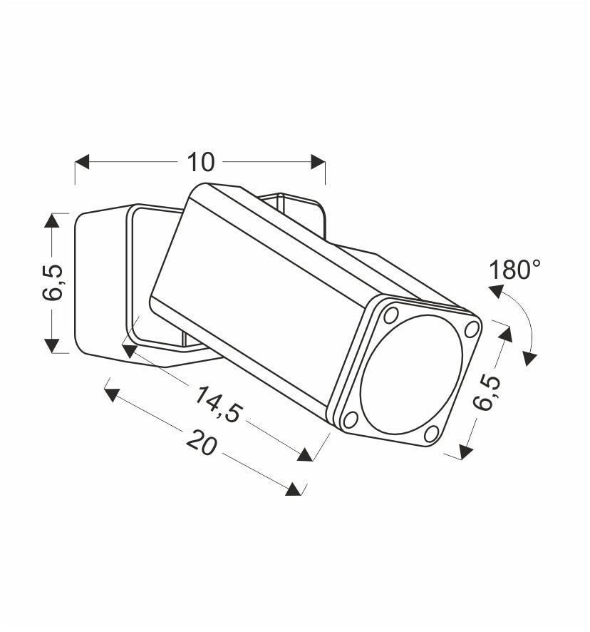 Schéma coté du luminaire : largeur, hauteur, profondeur et angle d'inclinaison de 180 degrés
