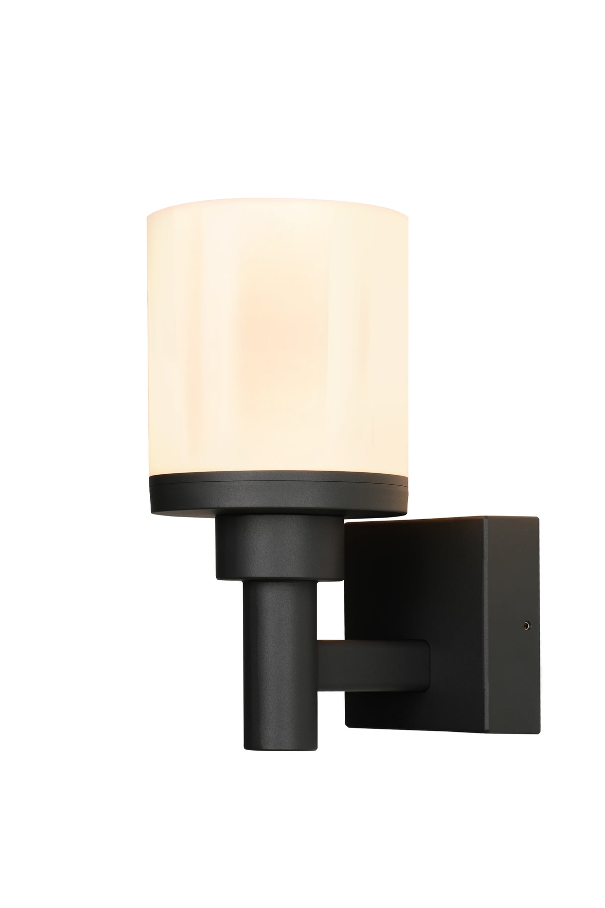 Applique murale noire avec diffuseur cylindrique en verre opalin allumé, vue de face