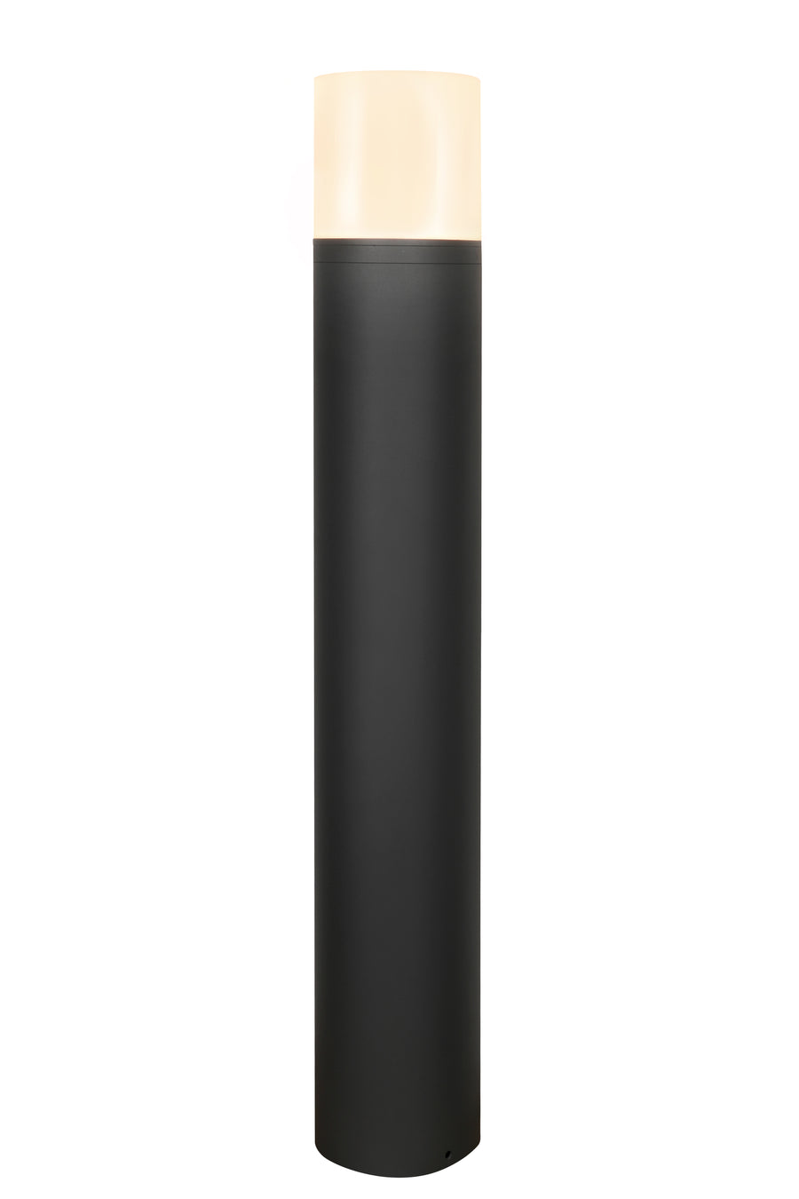 Borne lumineuse cylindrique noire avec diffuseur blanc opale en partie haute, vue de face sur fond blanc.