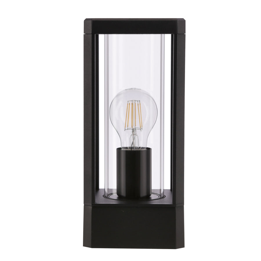 Vue produit de face sur fond blanc, borne noire avec ampoule à filament visible.