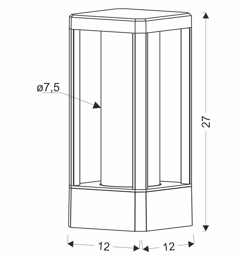 Schéma technique avec dimensions largeur 12 cm hauteur 27 cm diamètre 7,5 cm.