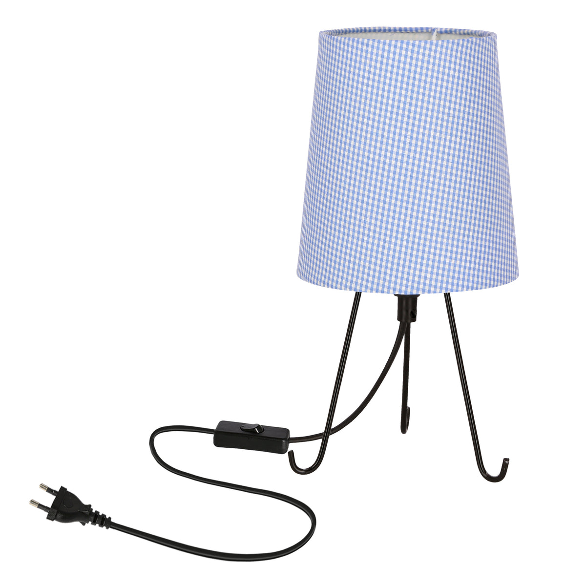 Lampe à poser à abat-jour vichy bleu, pied trépied noir et interrupteur.