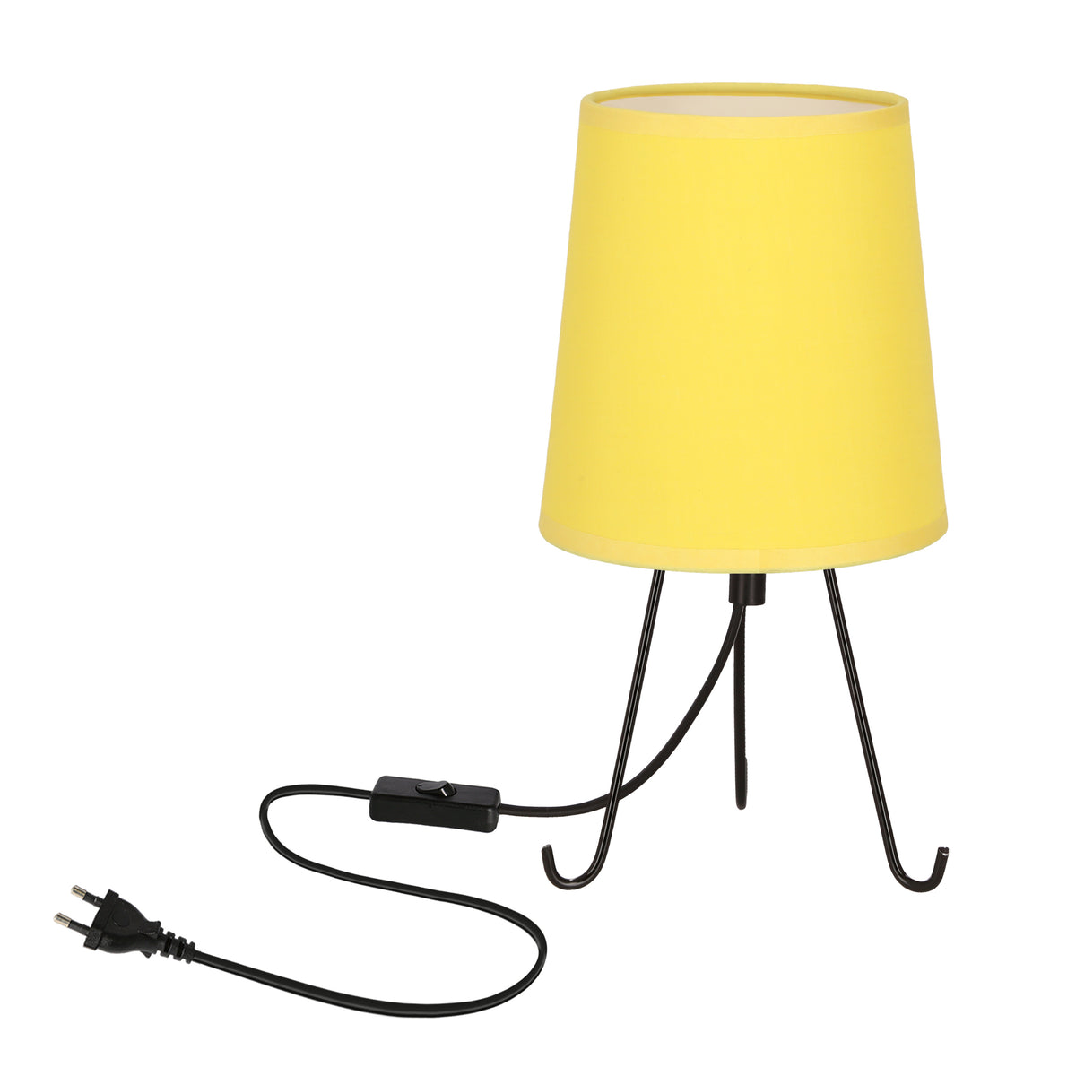 Lampe à poser jaune de face, abat-jour conique en tissu et piètement tripode noir