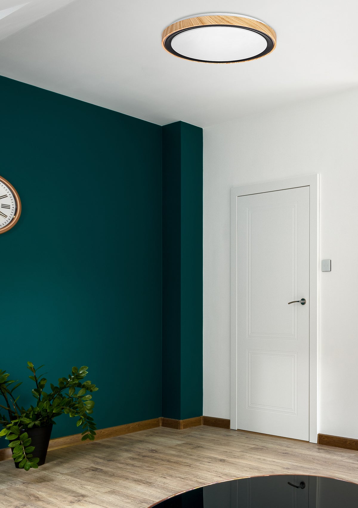 Plafonnier installé au plafond d'une entrée, mur vert canard et porte blanche