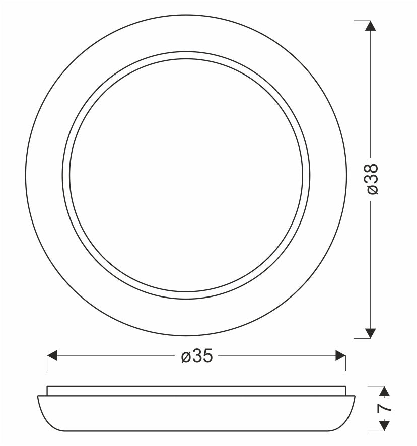 Schéma de dimensions du plafonnier rond : diamètre 38 cm, 35 cm, hauteur 7 cm.