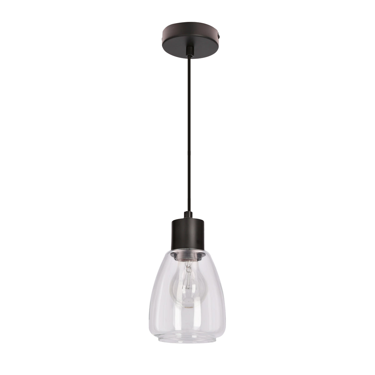 Suspension noire, abat-jour en verre transparent, ampoule visible de face