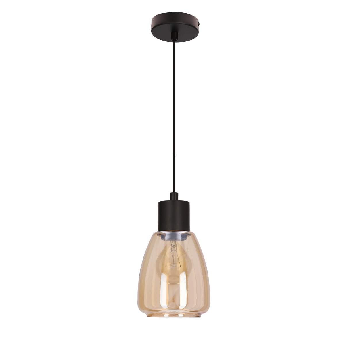 Luminaire suspendu noir avec abat-jour en verre ambré transparent et ampoule visible