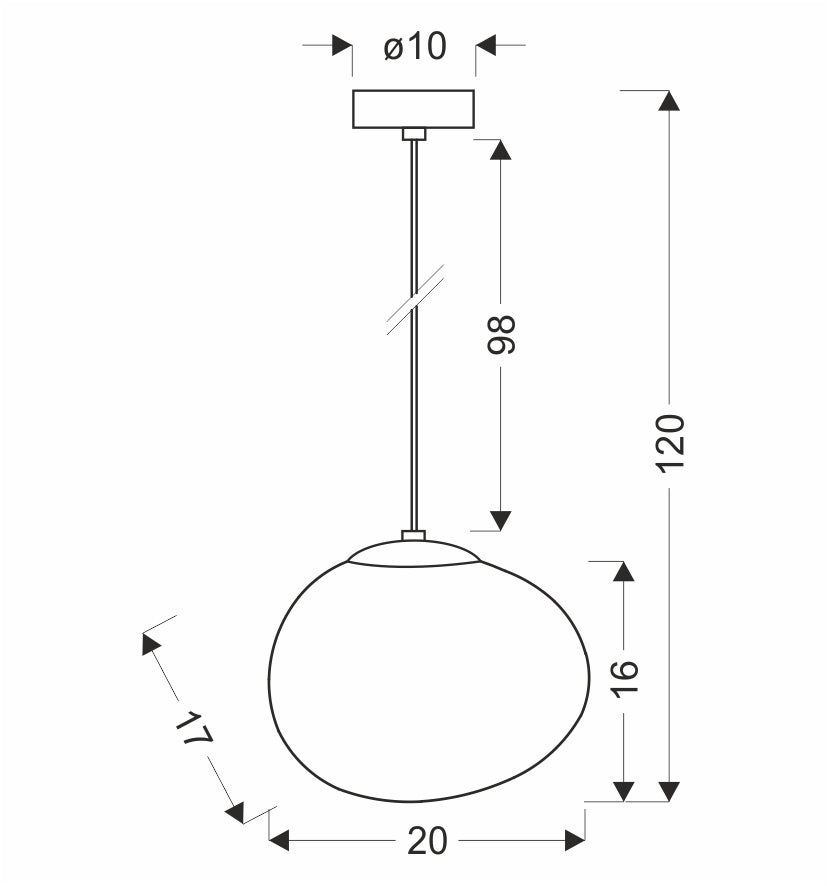 Schéma technique coté de la suspension avec hauteur totale et diamètre du diffuseur