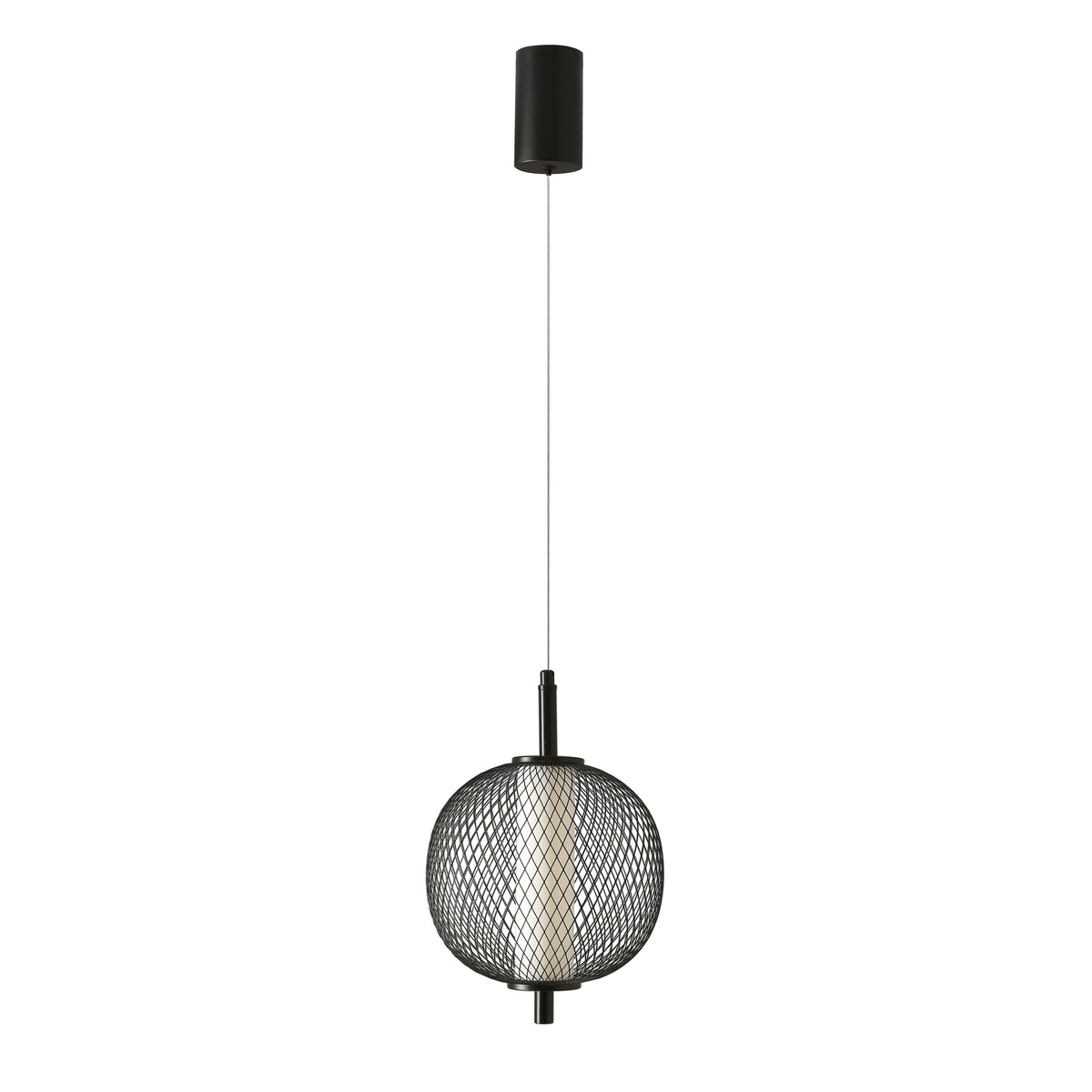 Vue de face du luminaire suspendu noir avec abat-jour sphérique en résille métallique.