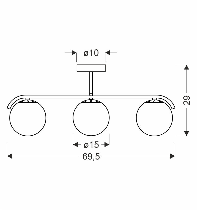 Schéma de dimensions avec largeur 69,5 cm, hauteur 29 cm et globes de 15 cm.