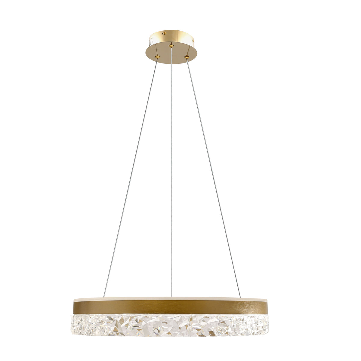 Vue de face du luminaire suspendu doré avec abat-jour cylindrique en cristal facetté