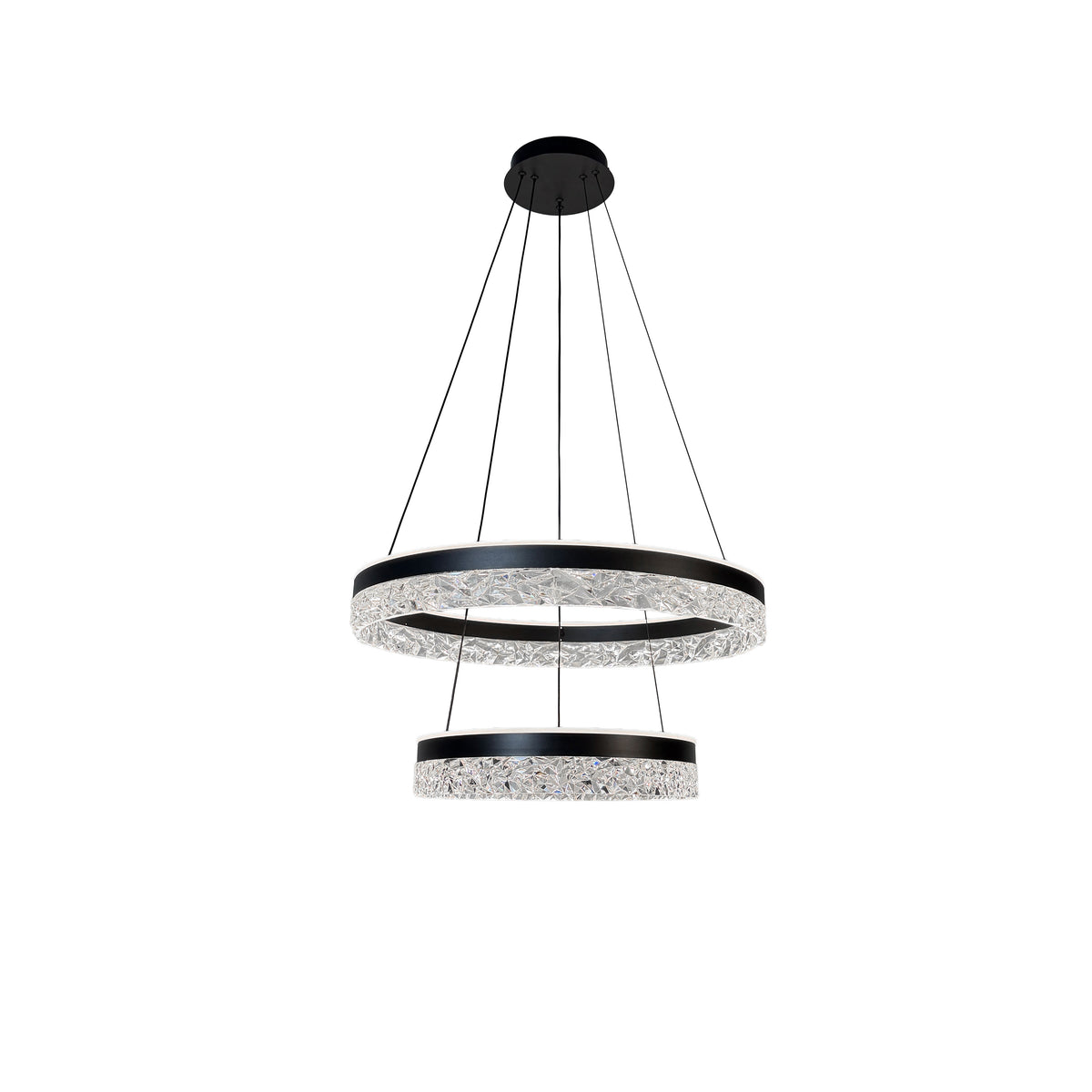 Vue de face du luminaire suspendu noir à deux anneaux LED, fond blanc.
