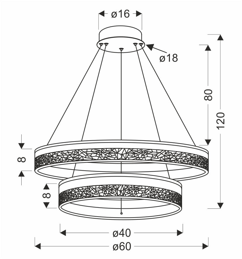 Schéma technique coté : diamètres, hauteur et longueur de suspension du luminaire à deux anneaux.
