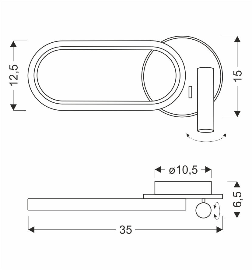 Schéma technique avec dimensions 35 cm, 12,5 cm et 6,5 cm.