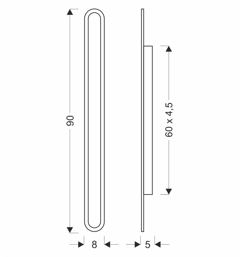Schéma technique coté : hauteur 90 cm, largeur 8 cm et profondeur 5 cm