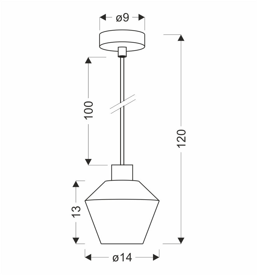 Schéma coté : rosace ø9 cm, hauteur totale 120 cm, abat-jour ø14 cm