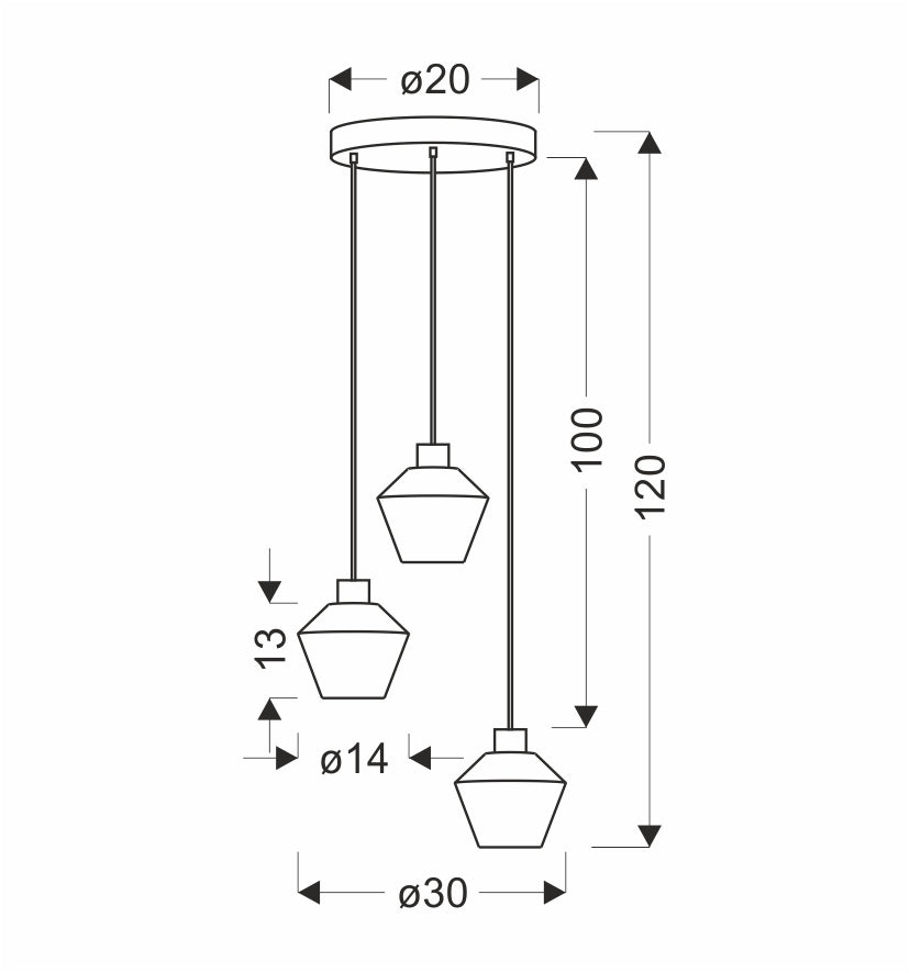 Schéma coté du luminaire avec diamètre 30 cm, hauteur totale 120 cm et rosace 20 cm.