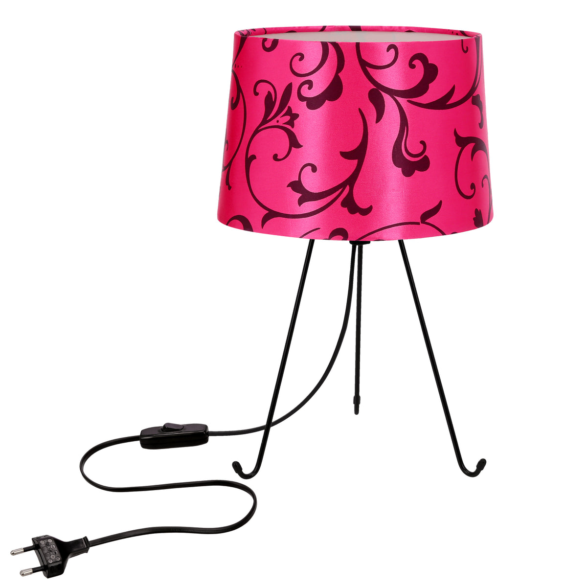 Lampe à poser rose à motif floral, abat-jour tissu et pied trépied noir