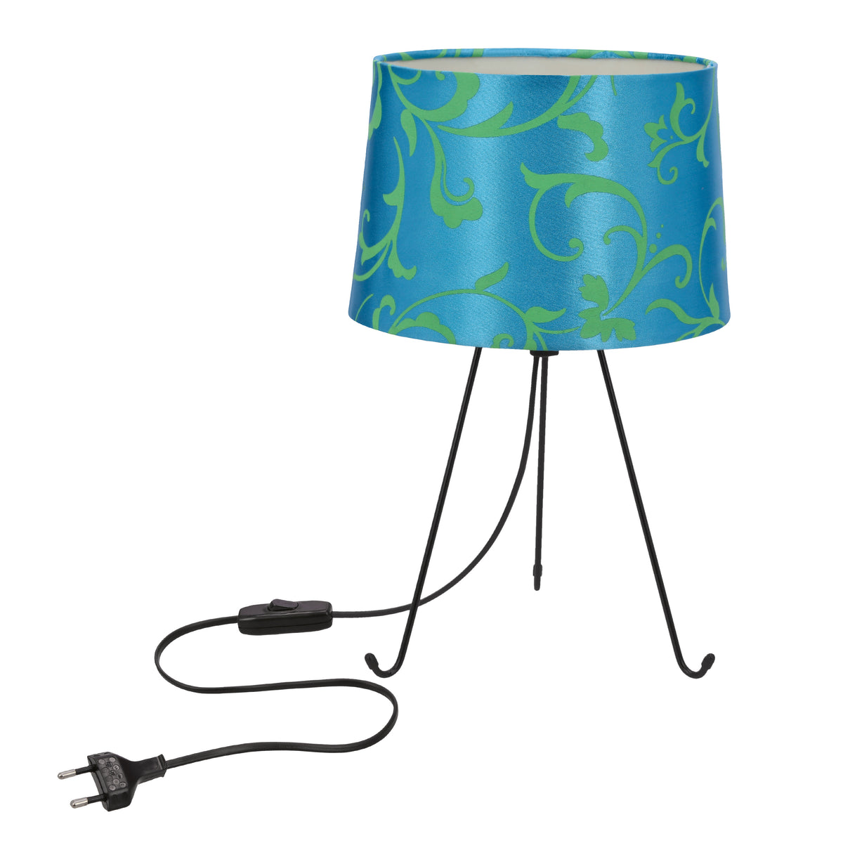 Lampe à poser bleue à abat-jour fleuri et pied trépied noir, câble et interrupteur.