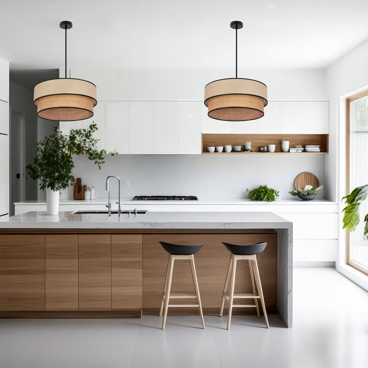 Deux suspensions identiques au-dessus d'un îlot de cuisine moderne, avec tabourets et plantes.