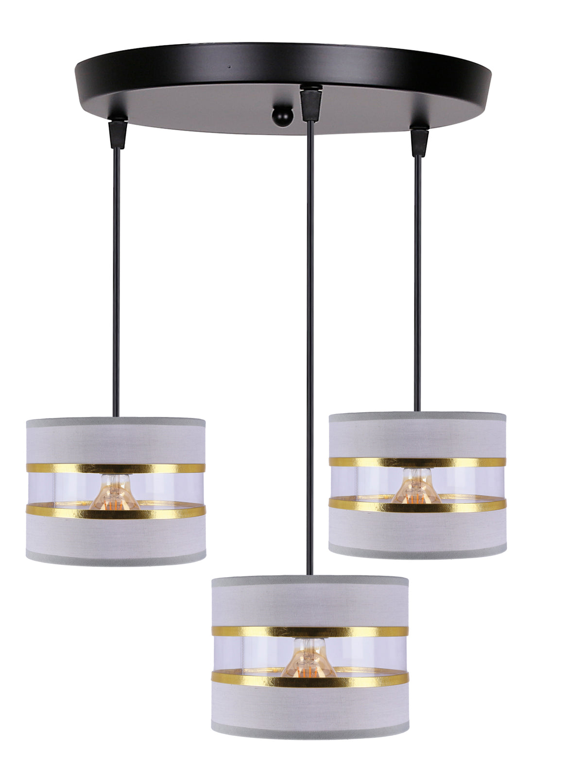 Suspension à trois lumières avec abat-jours cylindriques blancs, bandes dorées et verre transparent.