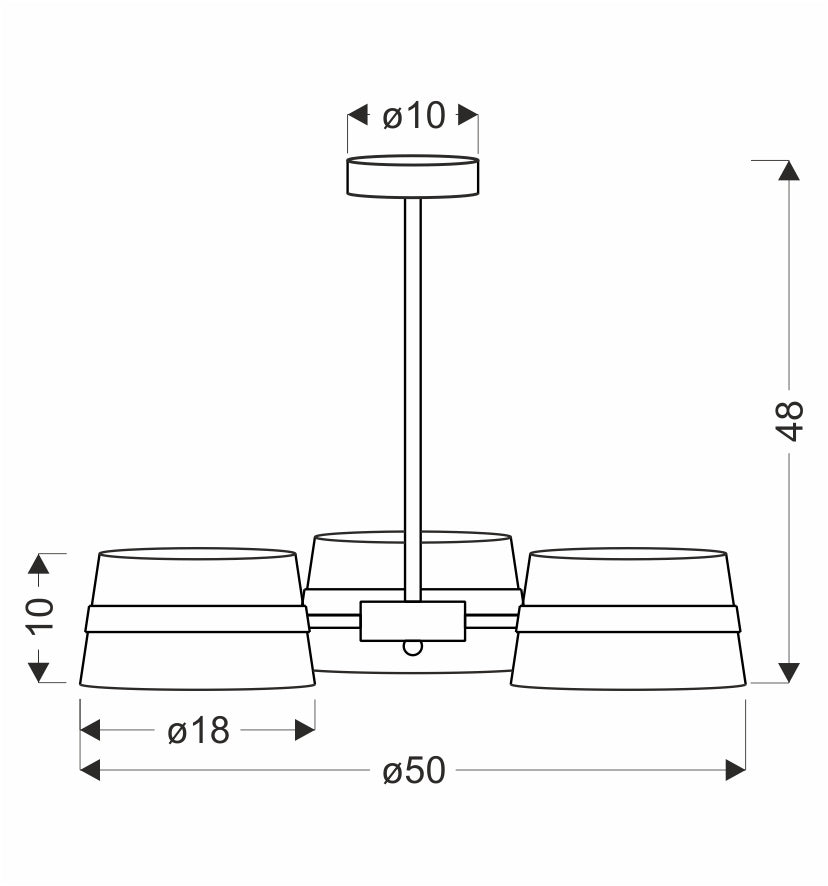 Schéma coté de la suspension, hauteur totale 48 cm et diamètre 50 cm
