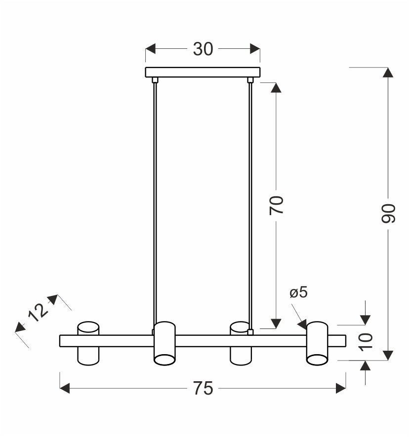 Schéma coté du luminaire : entraxe de 30 cm, hauteur 90 cm et largeur 75 cm