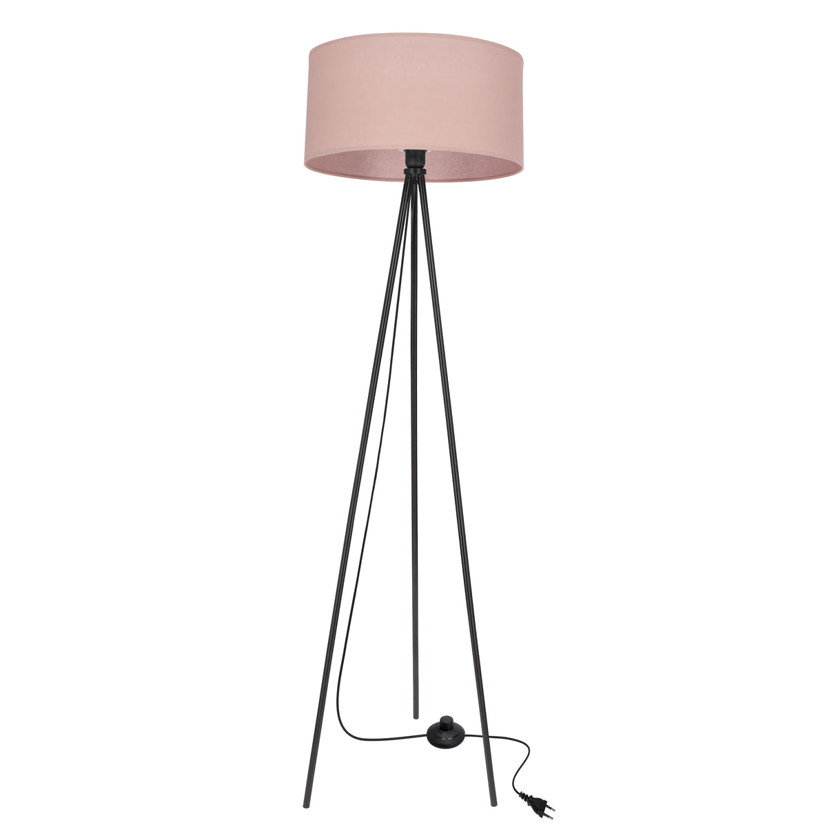 Lampadaire noir à trépied et abat-jour cylindrique rose, produit présenté de face sur fond blanc