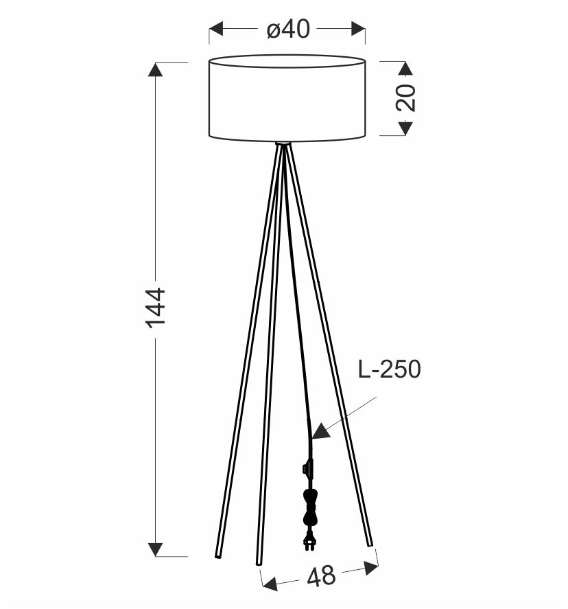 Schéma de dimensions du lampadaire : hauteur 144 cm et abat-jour diamètre 40 cm.