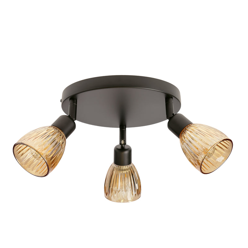 Plafonnier Amcos 3 lumières noir, verre, L 48 cm