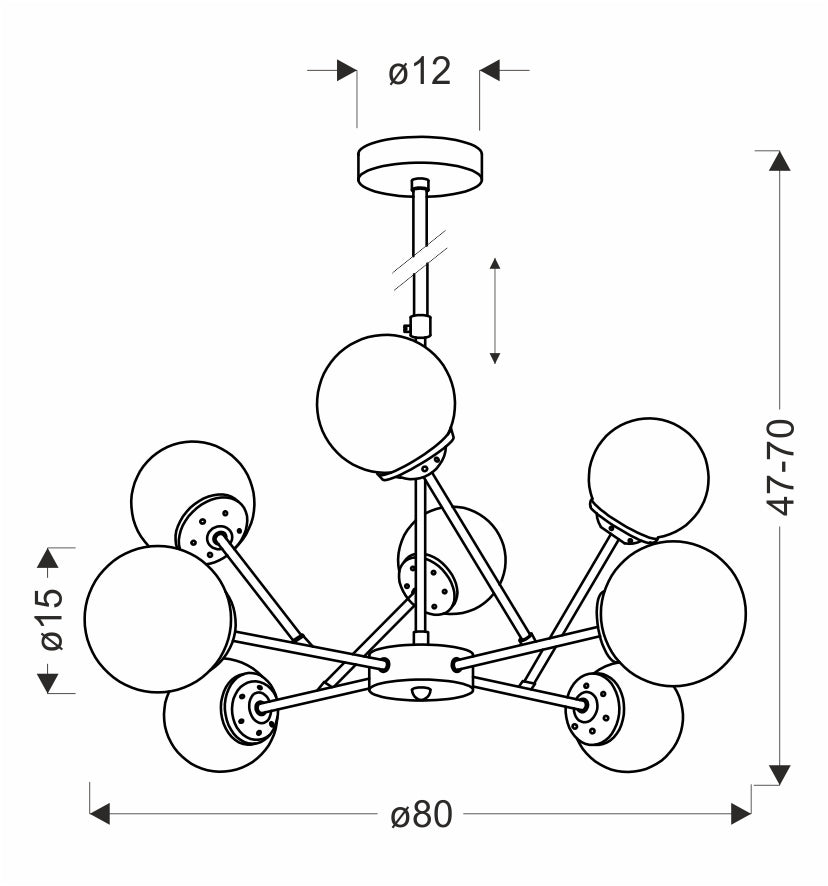 Schéma coté du luminaire : hauteur réglable de 47 à 70 cm, diamètre 80 cm