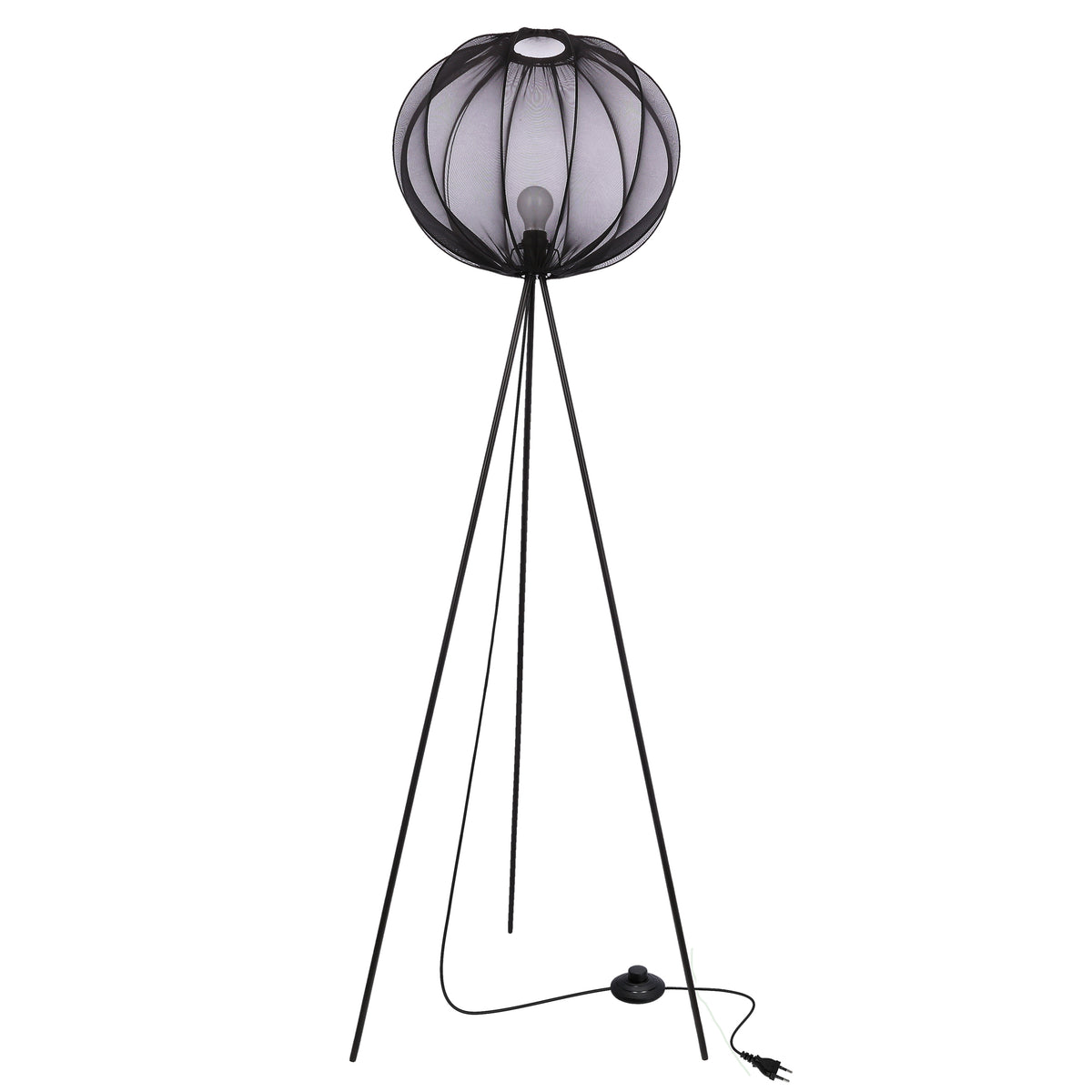 Lampadaire noir de face sur fond blanc avec abat-jour en tissu et pied tripode.