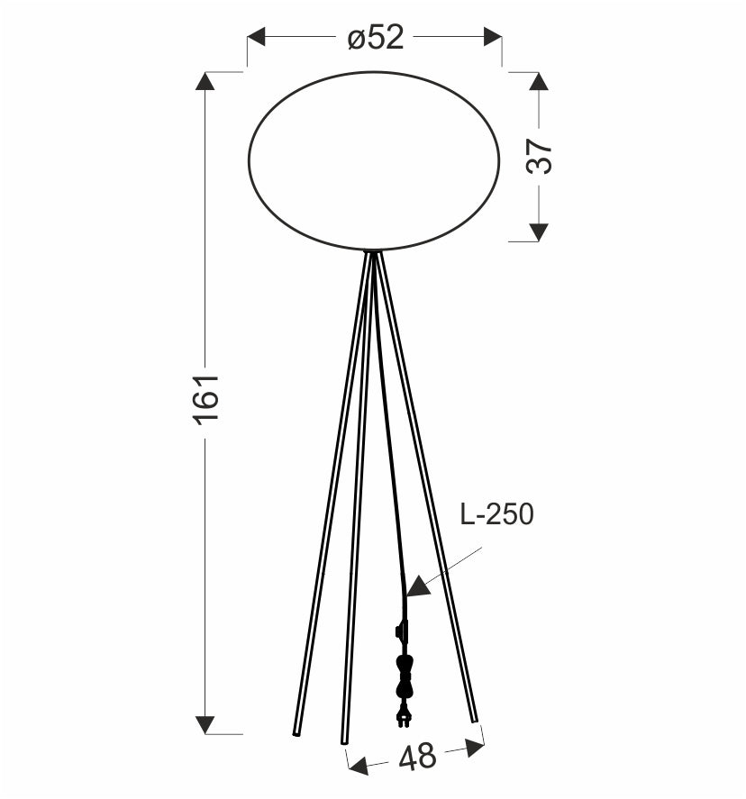 Schéma coté du lampadaire avec diamètre 52, hauteur 161 et largeur de pied 48 centimètres.