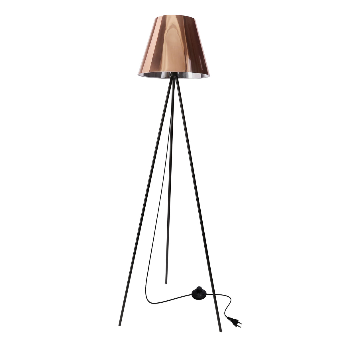 Lampadaire tripode noir à abat-jour cuivré, vue produit de face sur fond blanc