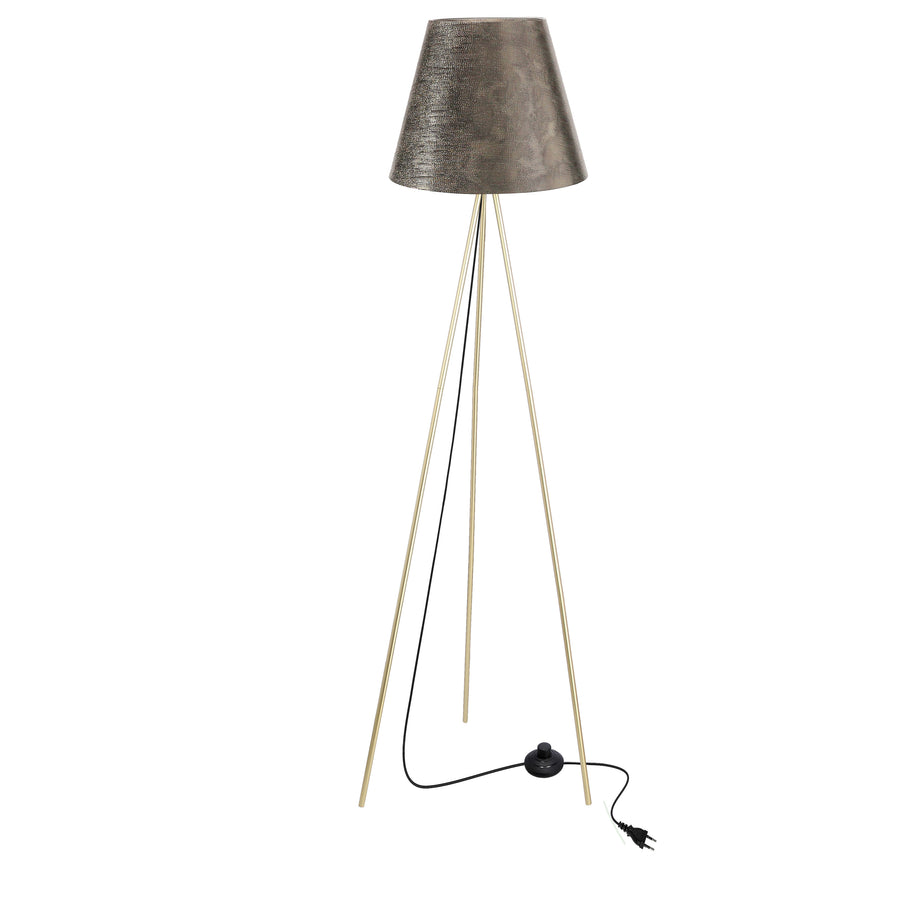 Lampadaire tripode doré à abat-jour gris taupe, vue de face sur fond blanc