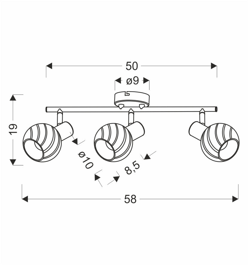 Schéma coté du luminaire : largeur 58 cm, hauteur 19 cm, diamètre des globes