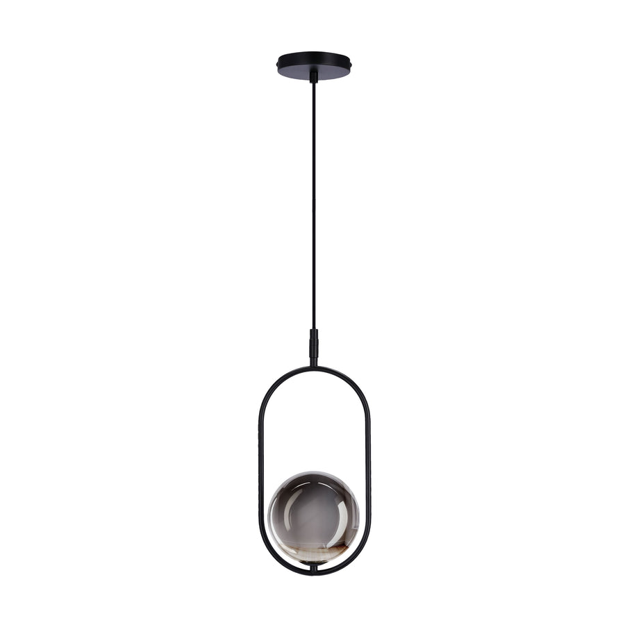 Suspension noire sur fond blanc, boule de verre fumé dans cadre ovale