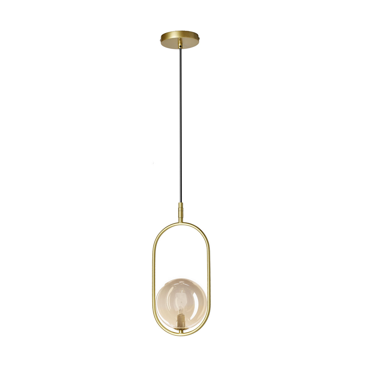 Suspension dorée ovale avec boule de verre transparent, vue de face sur fond blanc
