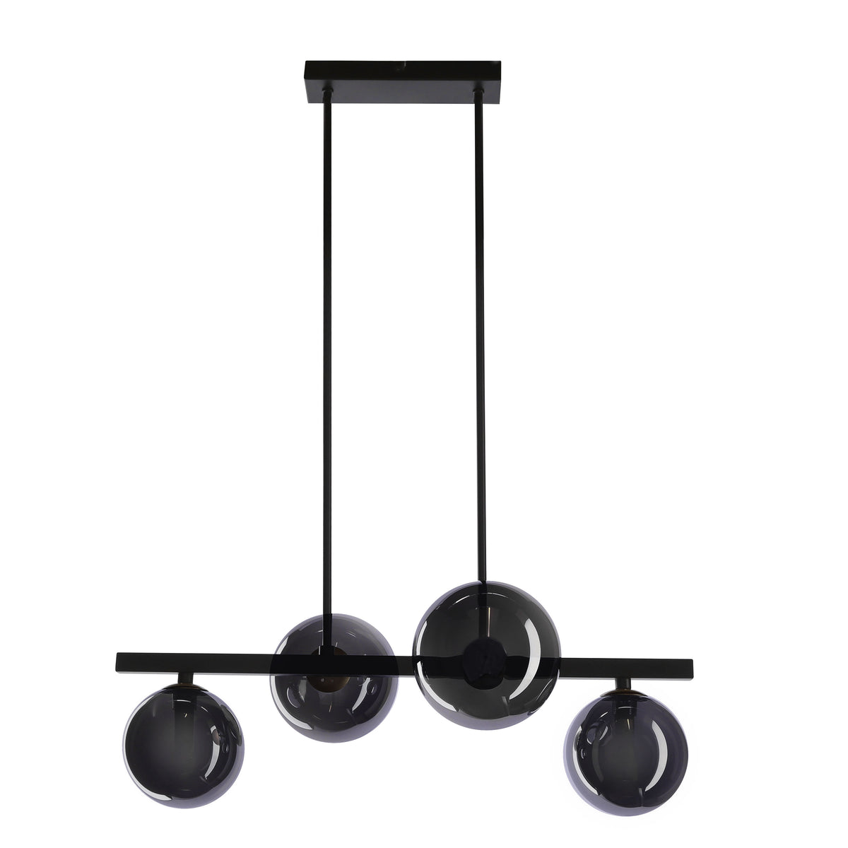 Suspension noire à quatre globes en verre fumé, présentée de face sur fond blanc.
