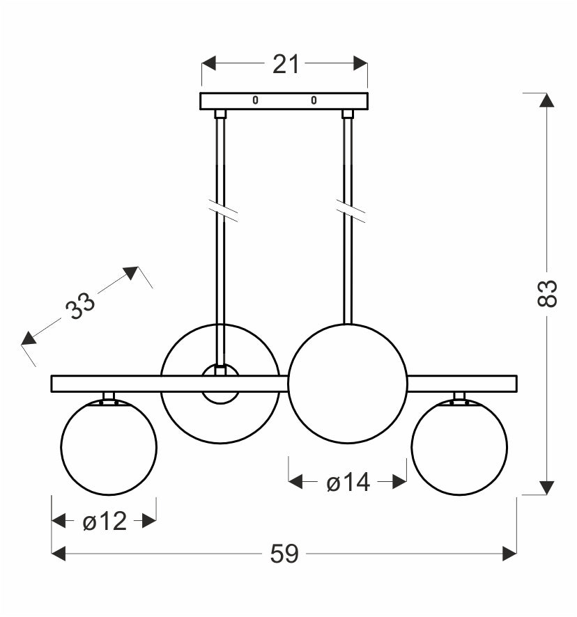 Schéma de dimensions du luminaire avec largeur, hauteur et diamètres des globes.